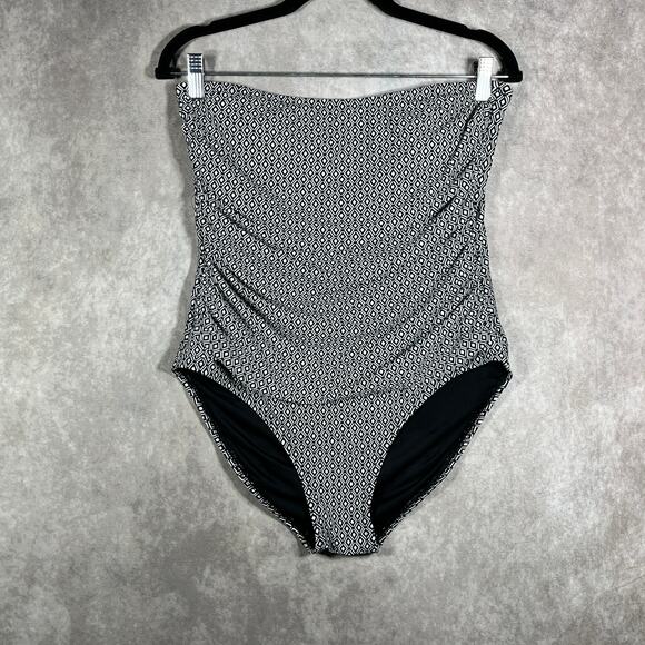 DKNY Maillot One Piece Bandeau Swimsuit Women XL Black White Diamond Print Beach - Picture 1 of 9